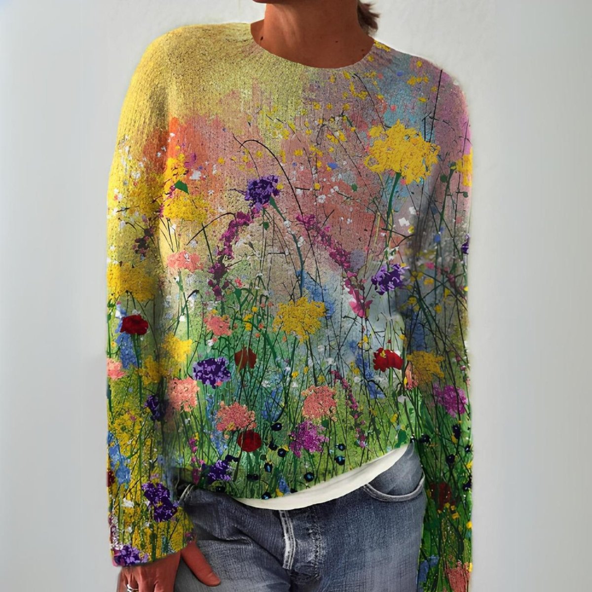 Women's Floral Knit Sweater with Long Sleeves and Crew Neck – Cozy Relaxed Fit for Everyday Style